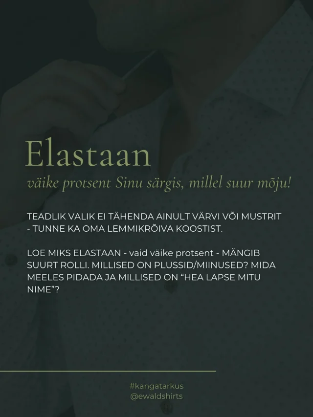 💡 Teadlik ja tark valik algab materjalist! 
Loe postitusest, kuidas väike elastaanisisaldus mõjutab särgi kandmismugavust ja hooldust.  Edit: .. ka tähti on tarvis hoolikamalt ritta seada! 😅 Õige lause neljandal pildil on: “Seetõttu tuleb eriti hoolas olla õigete pesutingimuste järgmisega.”  #ewaldshirts #estoniandesign #meestesärgid #kingitusmehele #kvaliteetsärgid