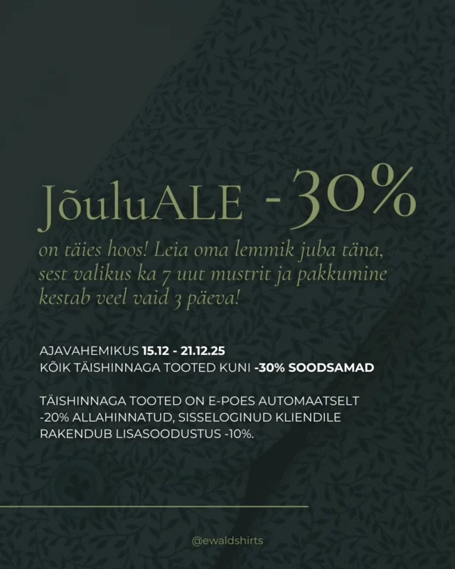 Juhtub harva, et uusi tooteid on võimalik kohe soodushinnaga osta, aga nii see praegu tõesti on! Kuni pühapäevani kõik täishinnaga tooted 30% soodsamad! Mine viska pilk peale ja leia oma lemmik juba täna! 😉  #eestidisain #kvaliteetsärgid #kingitusmehele #estoniandesign